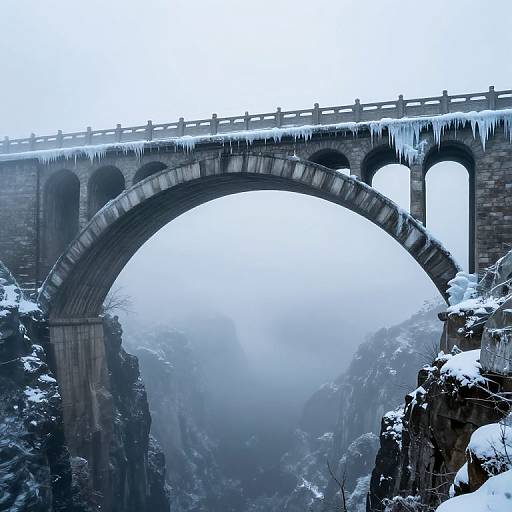 Photograph of a snow-covered stone arch bridge with icicles hanging from its edge, set against a misty, foggy winter mountain landscape.