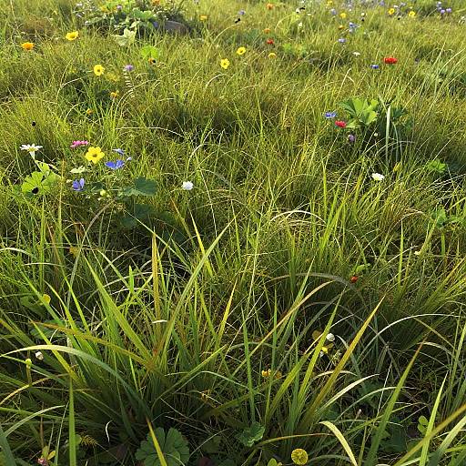 Photograph of a vibrant, sunlit meadow with tall, green grass and colorful wildflowers including yellow, blue, red, and white blooms.