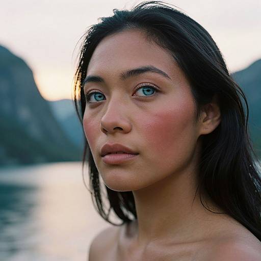 Photograph of a young Asian woman with long black hair, blue eyes, and pink cheeks, standing by a lake at sunset.