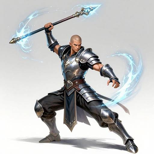 Digital artwork of a bald, muscular warrior in silver armor wielding a glowing blue magical spear, surrounded by swirling blue energy.