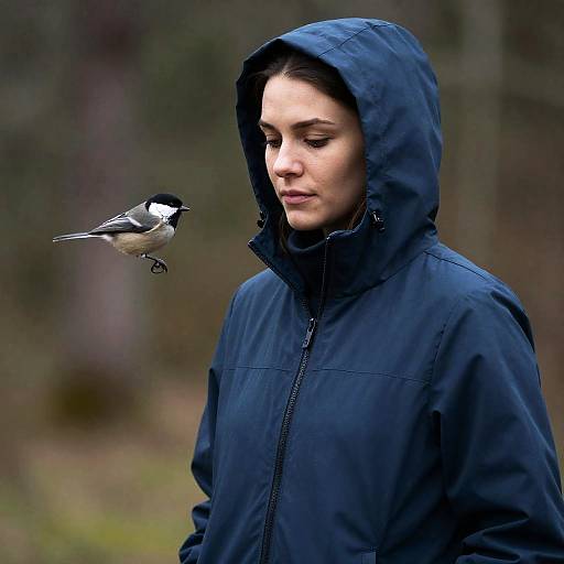 Chickadee and Woman in Forest