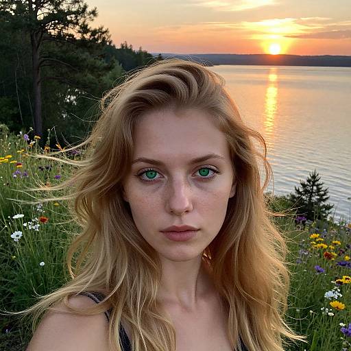 Photograph of a fair-skinned, green-eyed blonde woman with wavy hair, wearing a dark top, standing in a floral meadow at sunset