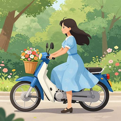 Anime Woman with Blue Motorcycle