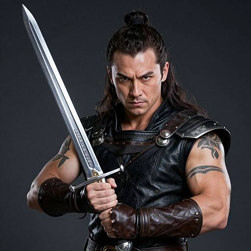 Photograph of a muscular man with long black hair in a topknot, wearing black leather armor and holding a silver sword, with a serious expression
