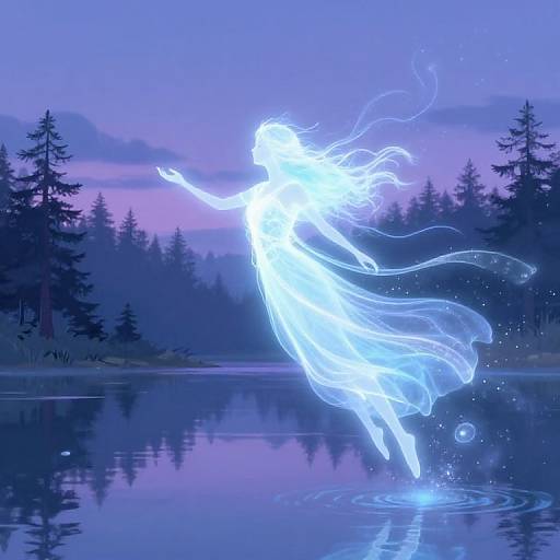 Digital artwork of a glowing, ethereal woman with flowing blue-white dress, jumping over a still lake at twilight, surrounded by silhouetted pine