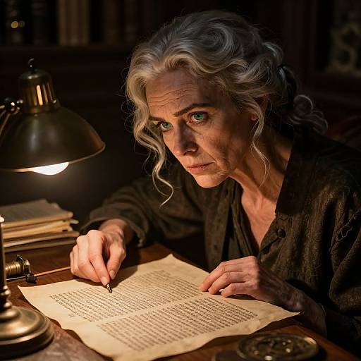 Photograph of an elderly woman with grey, wavy hair, intensely focused writing with a quill in dim, warm lighting, surrounded by books and