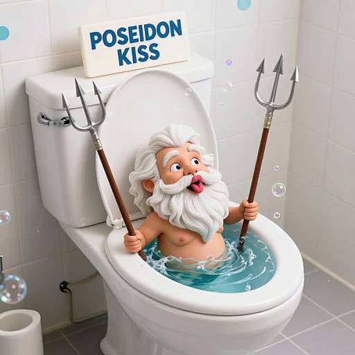 Cartoon-style digital illustration of a white-haired, bearded Poseidon with a pink nose, seated in a toilet filled with blue water, holding two