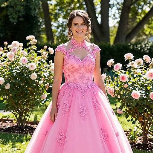 Photograph of a smiling woman in a vibrant pink, lace-embellished ball gown, standing in a sunlit garden with blooming roses.