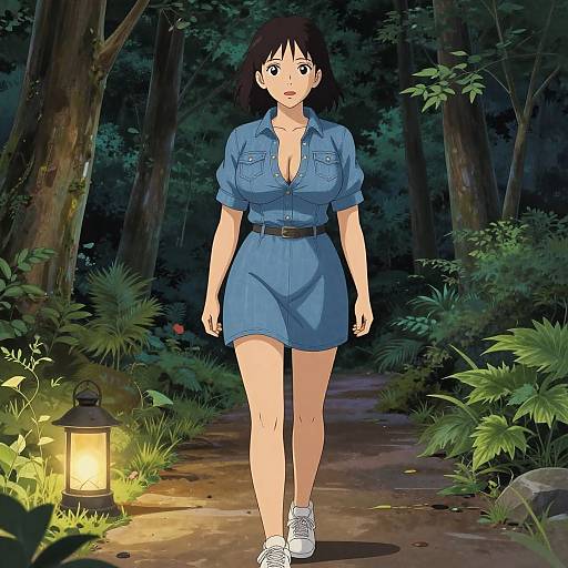 Anime-style drawing of a woman with short black hair, blue dress with deep cleavage, white sneakers, walking on a forest path at night, illuminated