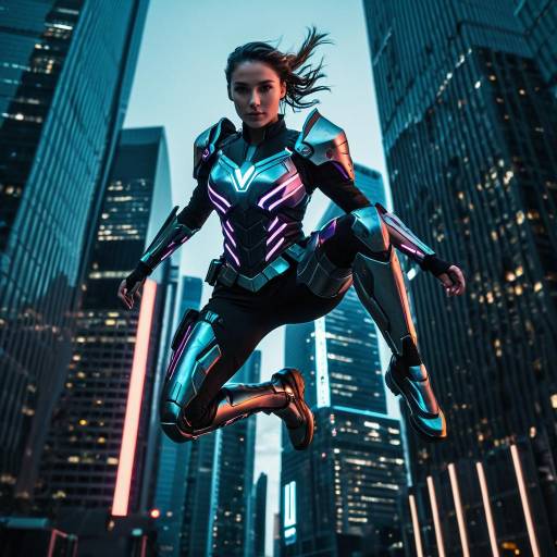 Cybernetic Warrior Woman Leaping in Futuristic City