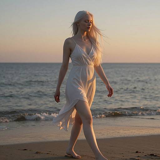 Photograph of a blonde woman walking barefoot on a beach at sunset, wearing a flowing white sundress, with the ocean and horizon in the background