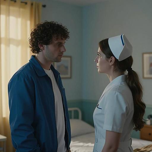 Man and Nurse Facing Each Other in Hospital Room