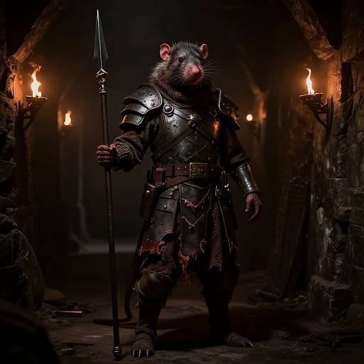 Photorealistic CGI of a armored rat warrior with a spear, standing in a dark, dimly lit stone corridor with torches.