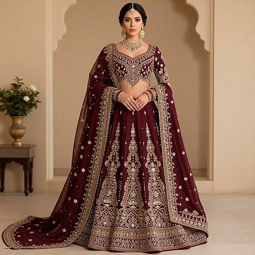 Photograph of a South Asian woman in an elaborate maroon and gold embroidered lehenga, traditional jewelry, and intricate mehndi, standing in