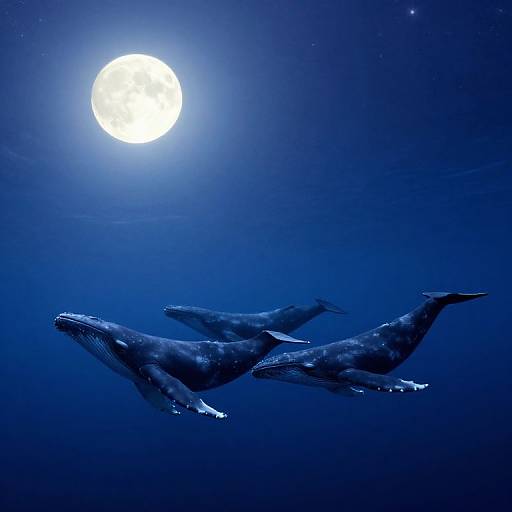 Photograph of two blue whales swimming in deep blue ocean under a bright full moon, creating a serene, ethereal nighttime scene.
