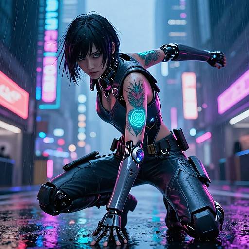 Cyberpunk-style CGI of a tough, black-haired woman with tattoos, neon-lit city background, crouching in rain, wearing black leather