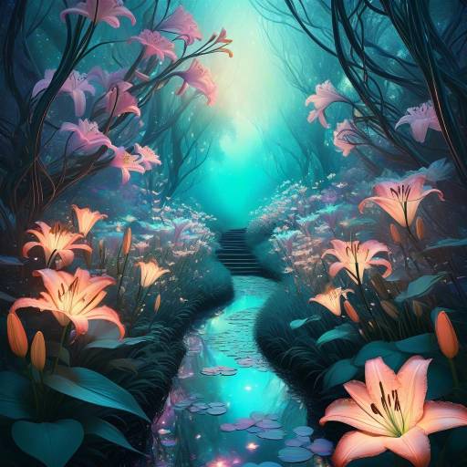Surreal Forest Path with Glowing Lilies