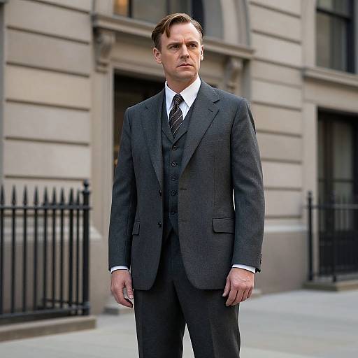 Photograph of a serious-looking Caucasian man with short brown hair, wearing a dark gray three-piece suit, white shirt, and striped tie, standing in