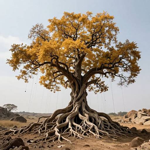 Photograph of a large, twisted tree with golden-yellow leaves, exposed roots, and drooping branches, set against a clear, blue sky in a