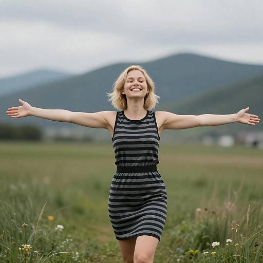 Smiling Woman in Striped Dress Outdoors