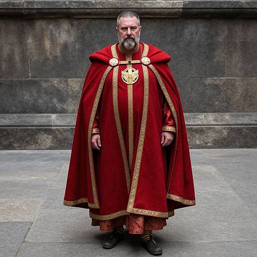 Photograph of a middle-aged man with a beard, wearing a grand red and gold embroidered robe, standing against a stone wall.