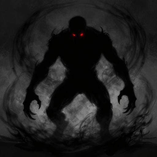 Digital art of a shadowy, muscular, humanoid creature with glowing red eyes, standing against a dark, swirling background. The figure's silhouette is ominous