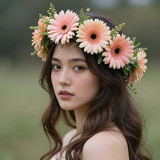 Photograph of a young woman with fair skin, long brown hair, wearing a pink and white flower crown, set against a blurred green field background.