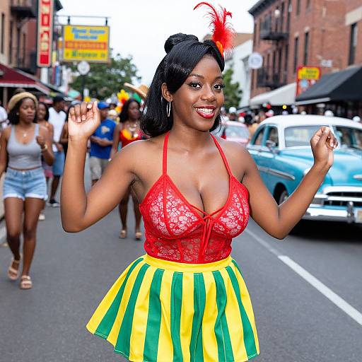 Photograph of a smiling Black woman in a red lace halter top and yellow-green striped skirt, dancing on a busy street, with vintage cars and