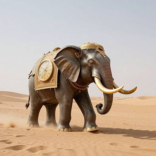 Digital illustration of a majestic, armored elephant with gold ornate saddles, large curved tusks, and a round medallion, walking in a