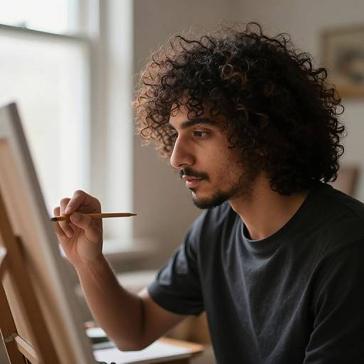 Photograph of a curly-haired, bearded man with medium brown skin, wearing a black t-shirt, painting on an easel, holding a brush