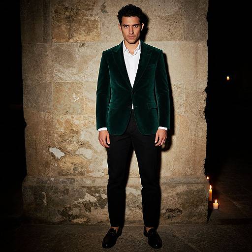 Photograph of a serious-looking man with short, curly dark hair, wearing a dark green velvet blazer, white shirt, and black pants, standing