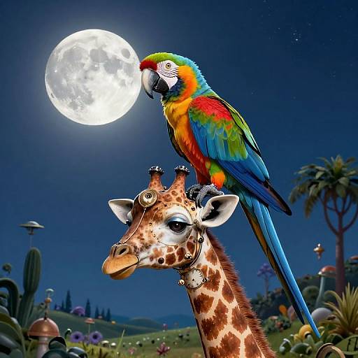Digital illustration of a vibrant macaw perched on a giraffe's head under a full moon, with a colorful, whimsical night garden background.