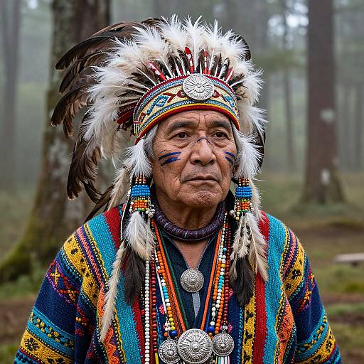 Photograph of an elderly Native American man with weathered skin, wearing a colorful feathered headdress, beaded necklaces, and traditional tribal attire