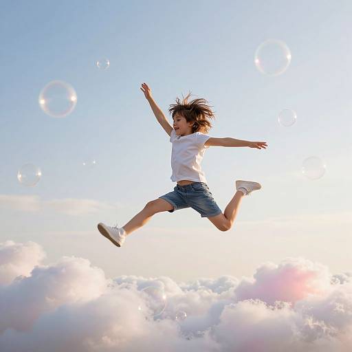 Photograph of a joyful child with messy brown hair, wearing a white t-shirt and denim shorts, jumping mid-air against a bright blue sky filled with
