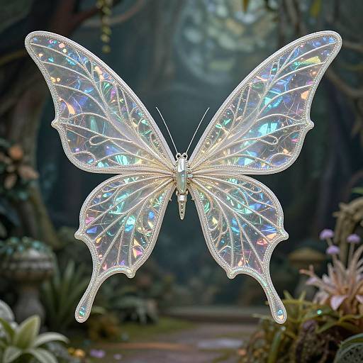 Photograph of a glowing, iridescent butterfly with translucent wings adorned with multicolored lights, set against a blurred, lush garden background.