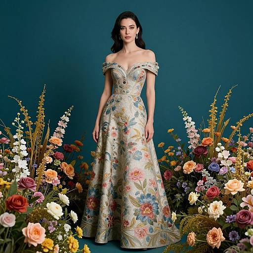 Photograph of a dark-haired woman in an off-shoulder, floral-patterned ball gown standing amid vibrant, multicolored flowers against a dark