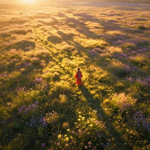 Photograph of a lone person in a red dress standing in a sunlit, golden meadow with purple flowers, casting long shadows at sunrise.