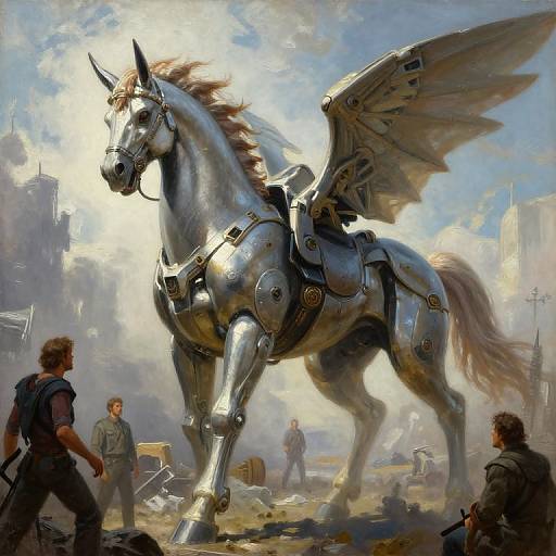 Digital painting of a metallic, winged Pegasus with robotic armor, standing in a post-apocalyptic cityscape with scattered people in the background.