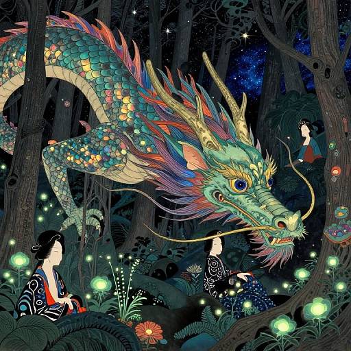Digital illustration of a vibrant, multicolored dragon with scales and horns, mid-leap in a dark, enchanted forest with glowing fireflies, two