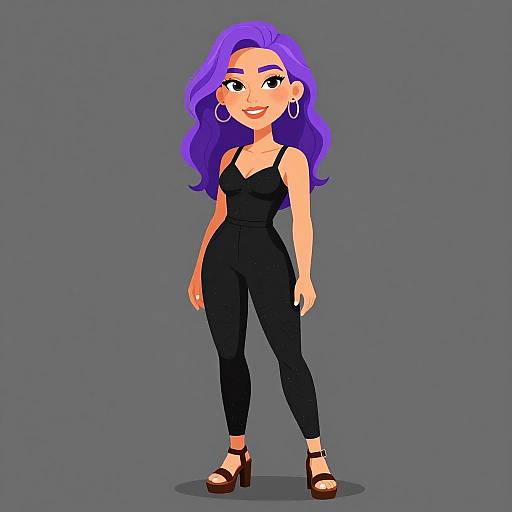 Digital cartoon of a confident woman with vibrant purple hair, wearing a black sleeveless jumpsuit and brown high-heeled sandals, against a gray background.