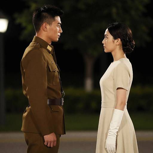 Man in Military Uniform and Woman in Cream Dress Facing Each Other Outdoors at Night