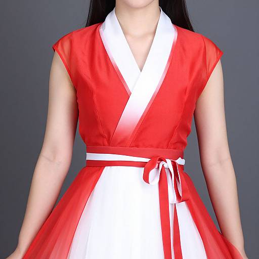Asian Woman in Red and White Dress