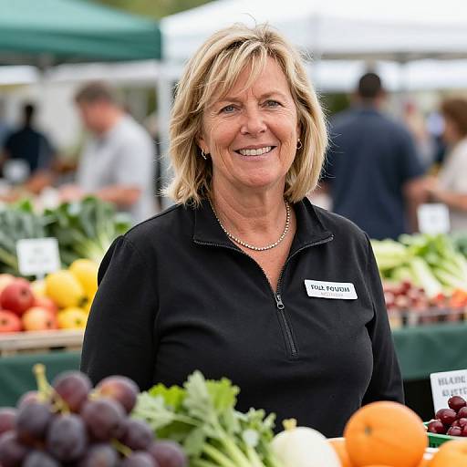 Photograph of smiling middle-aged blonde woman with short hair, wearing black zip-up shirt, standing at vibrant outdoor farmers market stall.