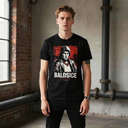 Photograph of a young, blonde man with a serious expression wearing a black t-shirt with a red and white 