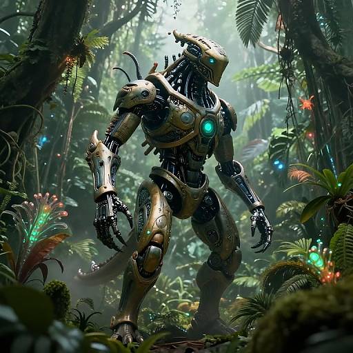 Digital artwork of a futuristic, robotic creature with glowing blue eyes and metallic armor, standing in a lush, illuminated jungle.