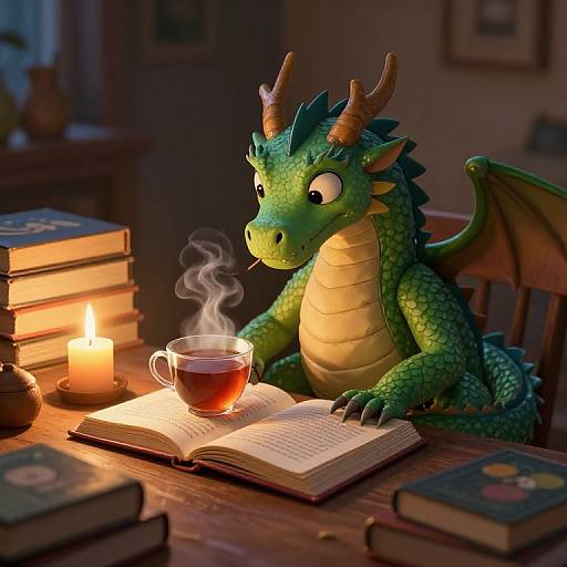 Photograph of a green, cartoon-style dragon with yellow belly, reading a book by candlelight, sipping tea, surrounded by stacked books.