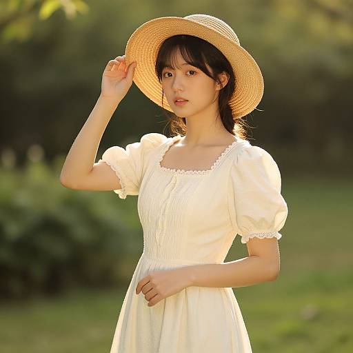 Photograph of an Asian woman with fair skin, wearing a white dress and straw hat, standing in a sunlit garden.