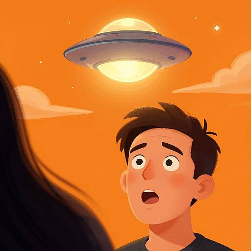 Cartoon-style drawing of a surprised young man with dark hair, wide eyes, and open mouth, looking up at a UFO against an orange sky with