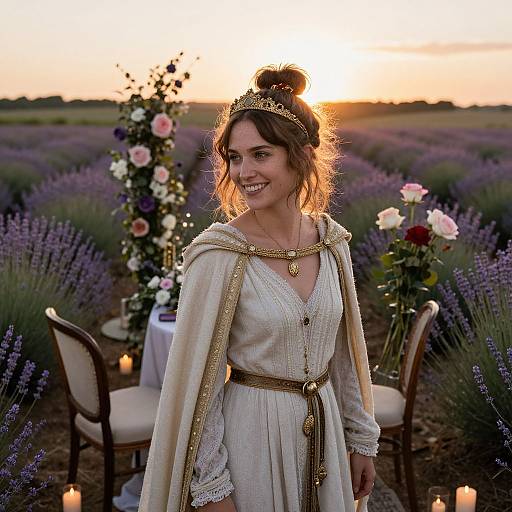 Photograph of a smiling woman in a white, medieval-style dress with gold trim and tiara, standing in a lavender field at sunset, surrounded by