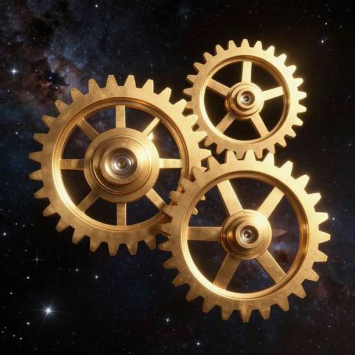 Digital art of two golden, interlocking gears against a starry, cosmic background, creating a futuristic, mechanical universe theme.